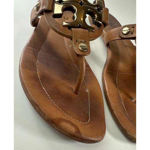 *Damaged Tory Burch Miller Leather Thong Sandals Flat Flip Flops Gold Logo 7.5 M - Picture 2 of 16